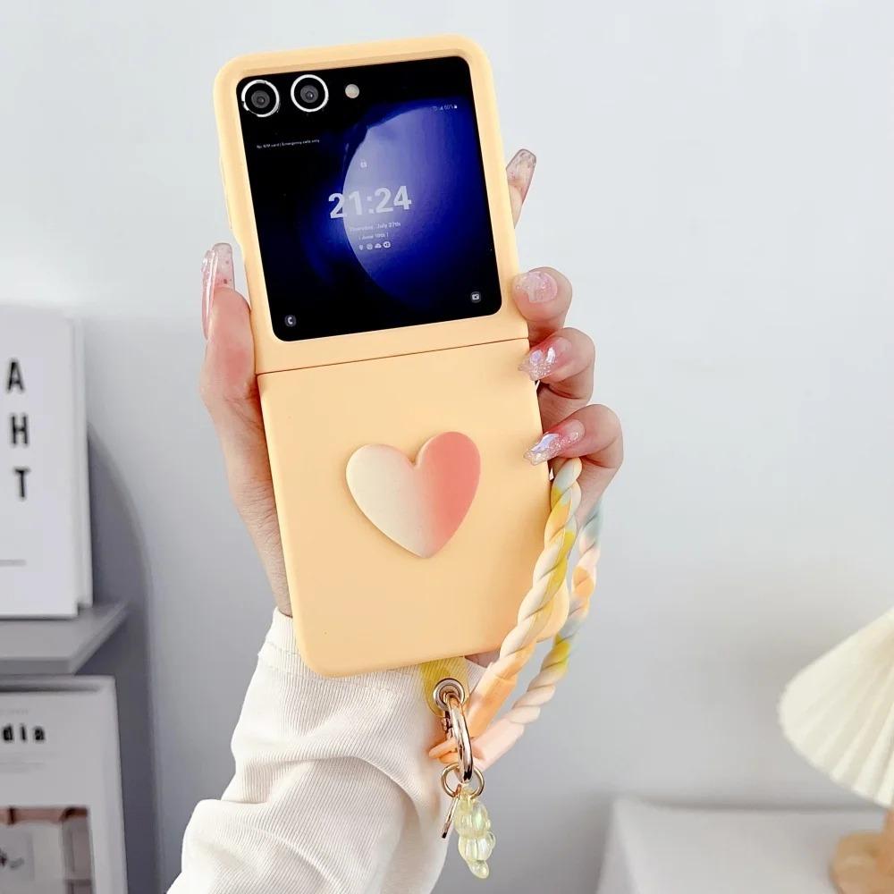 Luxury Candy Color 3D Love Heart Matte Phone Case for Samsung Z Flip 7 6 5 Gradient Bear Wristband Lanyard Shockproof protect Cover Samsung Flip7