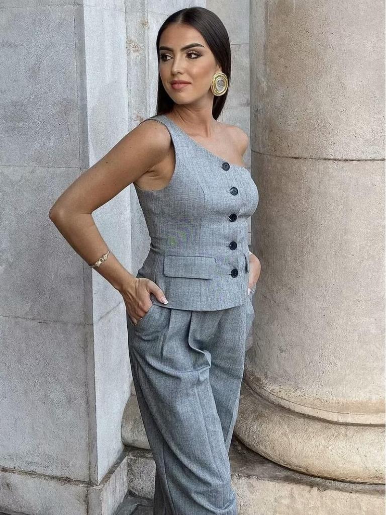 2024 Women's European and American Style Asymmetrical Neckline Vest & High Waist Pants Set