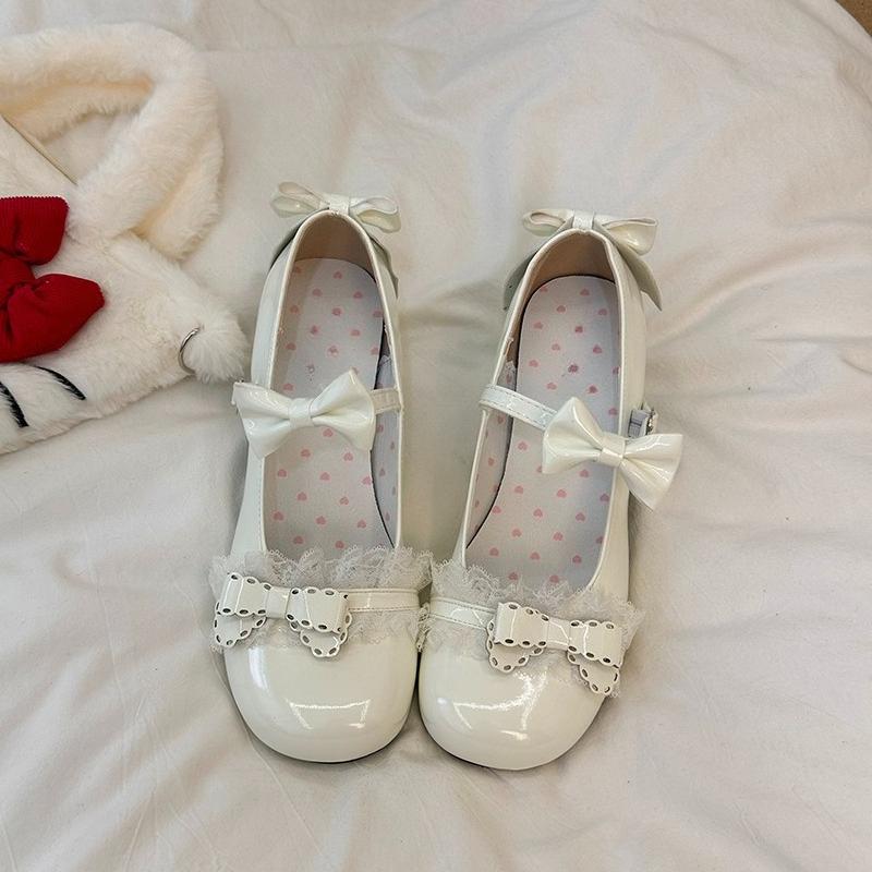 Fashion Plus Size Women's Shoes Round Toe Shallow Mouth Bow Mary Jane Small Leather Lace Fashion Square Heel Single Shoes