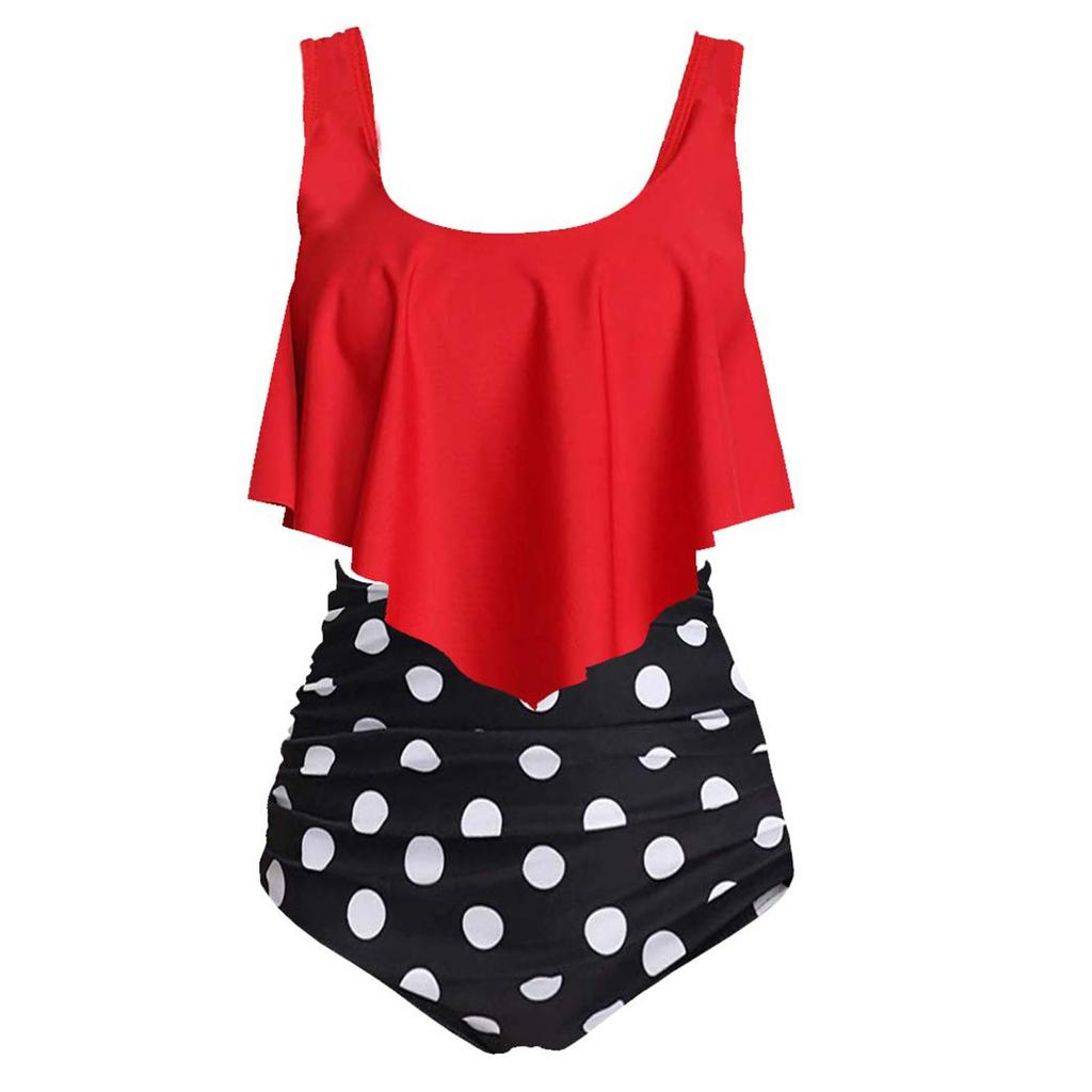 Women's Sexy Printed High Waist Bikini With Ruffled Prints, Belly Band And Breast Pads, Slimming Split Swimsuit