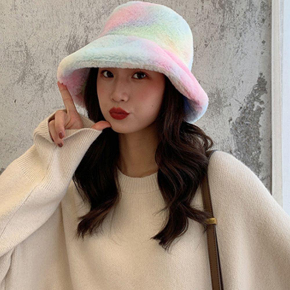 Rainbow Tie Dye Korean Style Cap Women Fisherman Hat Autumn Winter Hat Faux Fur Bucket Hat