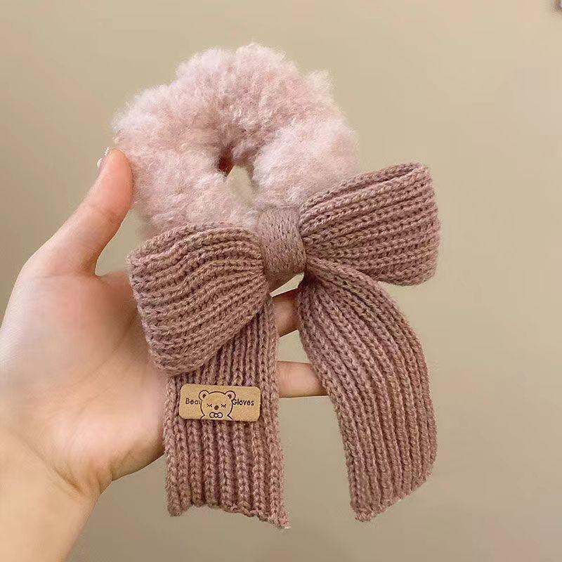 1pc Korean version of new large plush solid color yarn bow, Korean style girl hair loop, lazy style temperament, rubber band