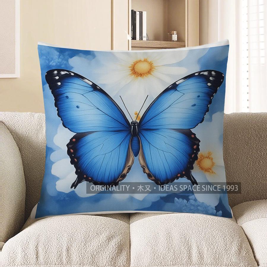 Home Decor Blue Butterfly &amp; White Flowers Pillow Cover Pattern Cushion Cover Suitable For Sofa Bedroom Car Pillow Cover
