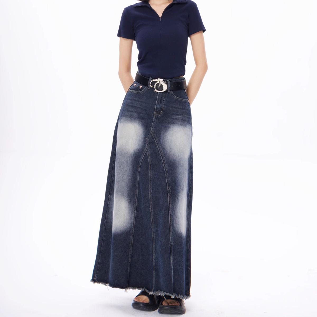 

Американская уличная мода, джинсовая миди-юбка А-силуэта в стиле пэчворк для женщин, весна 2025 - высокая талия, дизайн с необработанным краем XXX-Large сине серый