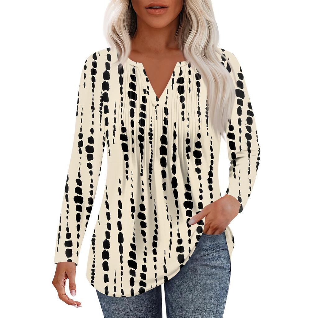 Dámská móda Ležérní Plisované Tričko s V výstřihem a Dlouhým Rukávem Elegantní Top