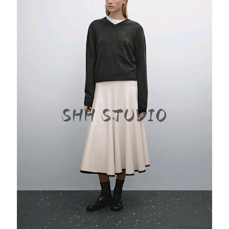 MD Spring/Summer New Arrival Women's French Style Casual Cotton Blend Patchwork Detail Wide Hem Midi Skirt 5290584