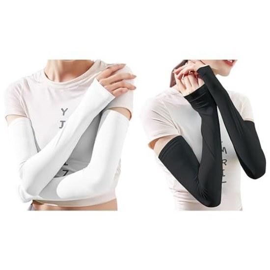 Pawinpaw Arm Covers Cool Touch UV Cut Womens Cooling Effect Long Length Both Arms Finger Loop Type Sun Protection Moisture Wicking Quick Dry Sports