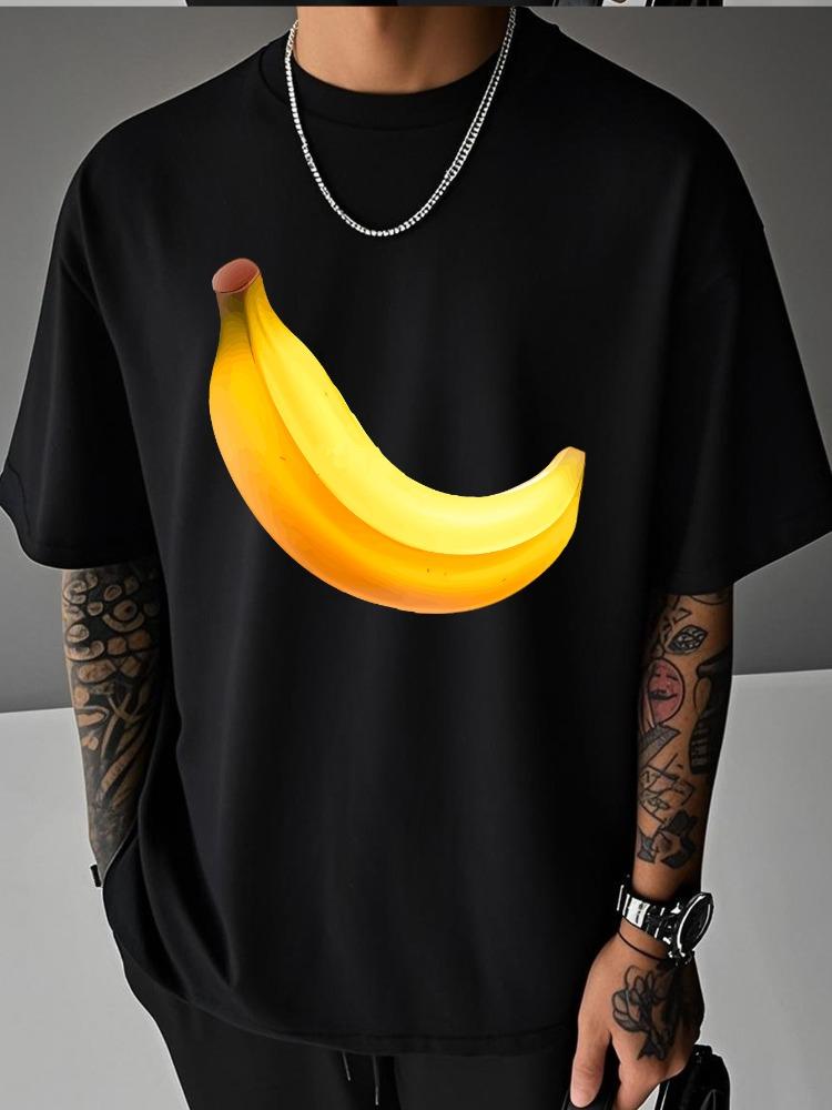 T-shirt Unisex Estiva Bianca a Maniche Corte Stampa Grafica Realistica Frutto Banana Gialla Girocollo Larga Casual da Uomo Abbigliamento Quotidiano da Strada Top