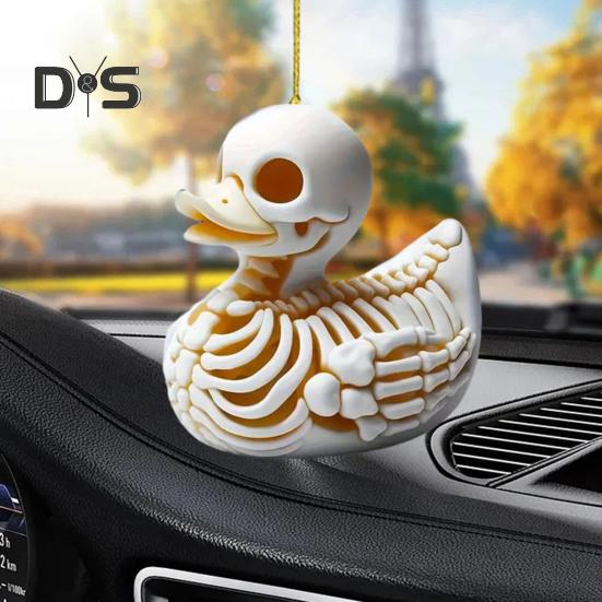 Skeleton Duck Car Mirror Hanging Ornament Cute Cat Charm Keychain Pendant Acrylic Rearview Mirror Accessories for Women Girls Halloween Decoration