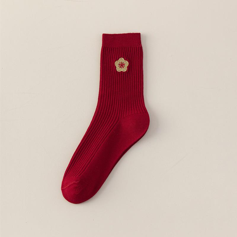 Bright Red Men's and Women's Pure Cotton Double-needle Mid-calf Socks, New Year Autumn and Winter Pile Socks