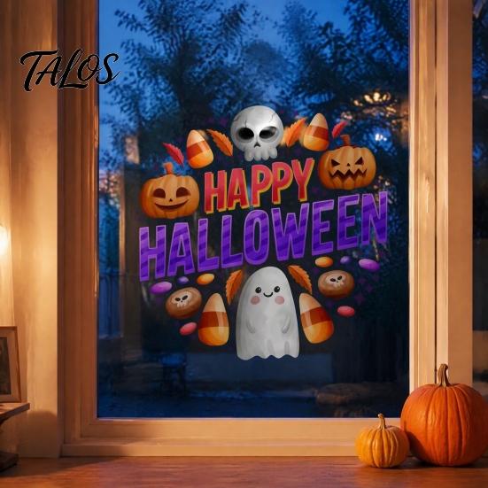 Bathroom Glass Window Dressing Halloween Clings, Cute Ghost Pumpkin Skull Happy Sticker, Reusable Decorative Holiday Film Double Sided Static