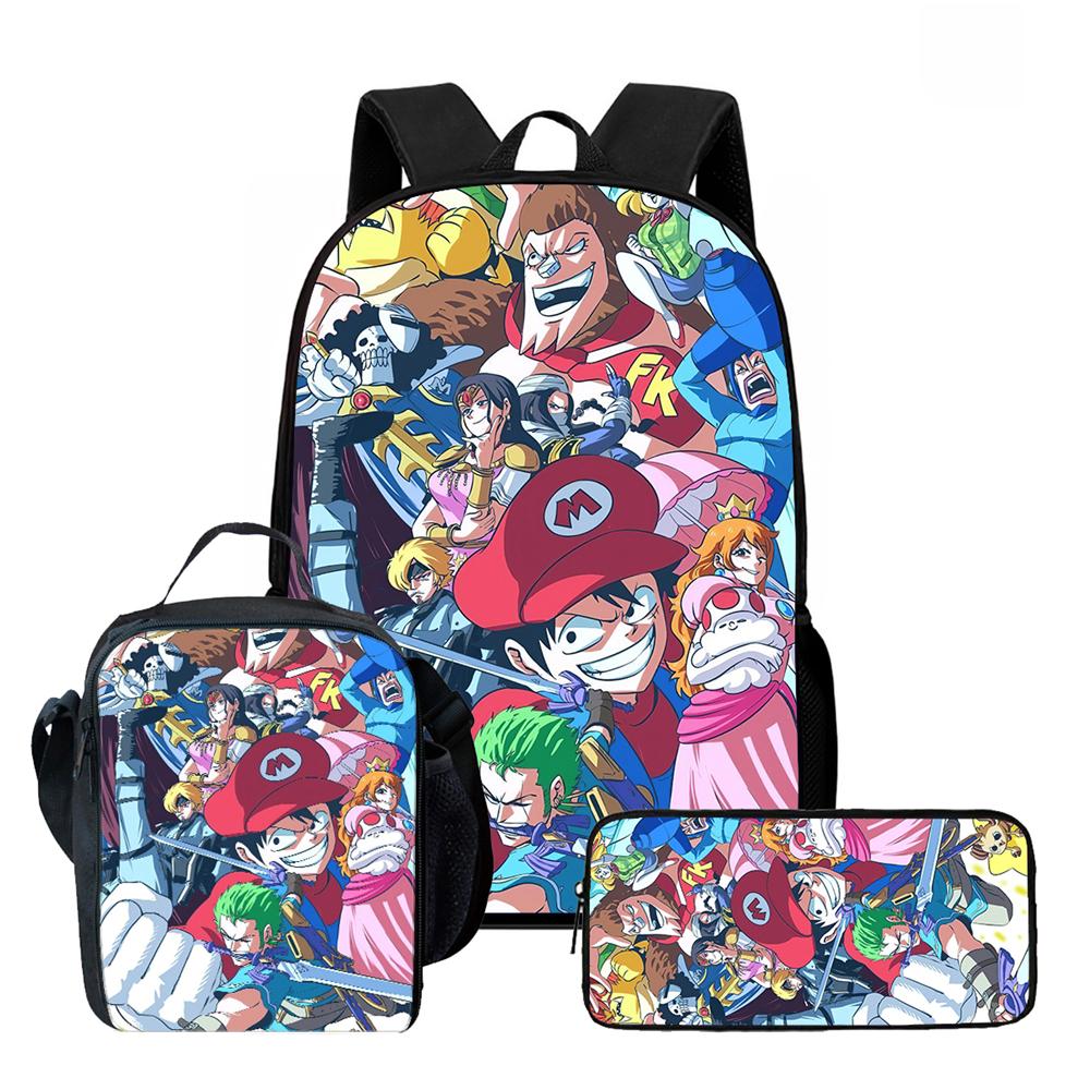One Piece 15 Inch 3 Pcs Cartoon School Backpack Set Lightweight Bag With Lunch Bag Pencil Case For Boys Girls Grade 1-3 Mochila
