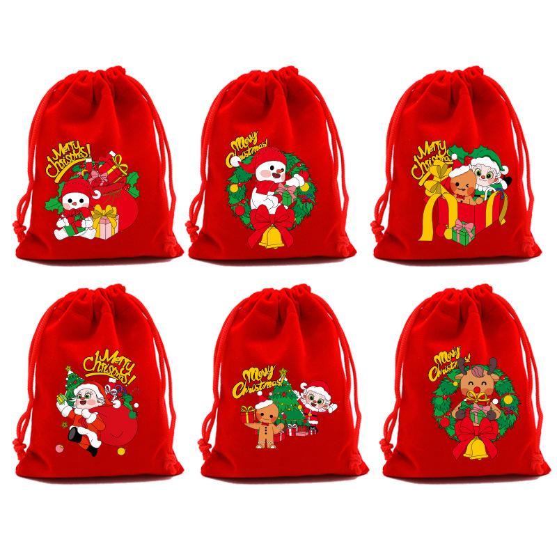 5Pcs Merry Christmas Velvet Bags Green/Red/Blue Drawstring Pouch Candy Gift Bag Jewelry Packaging Bags Xmas New Year Supplies