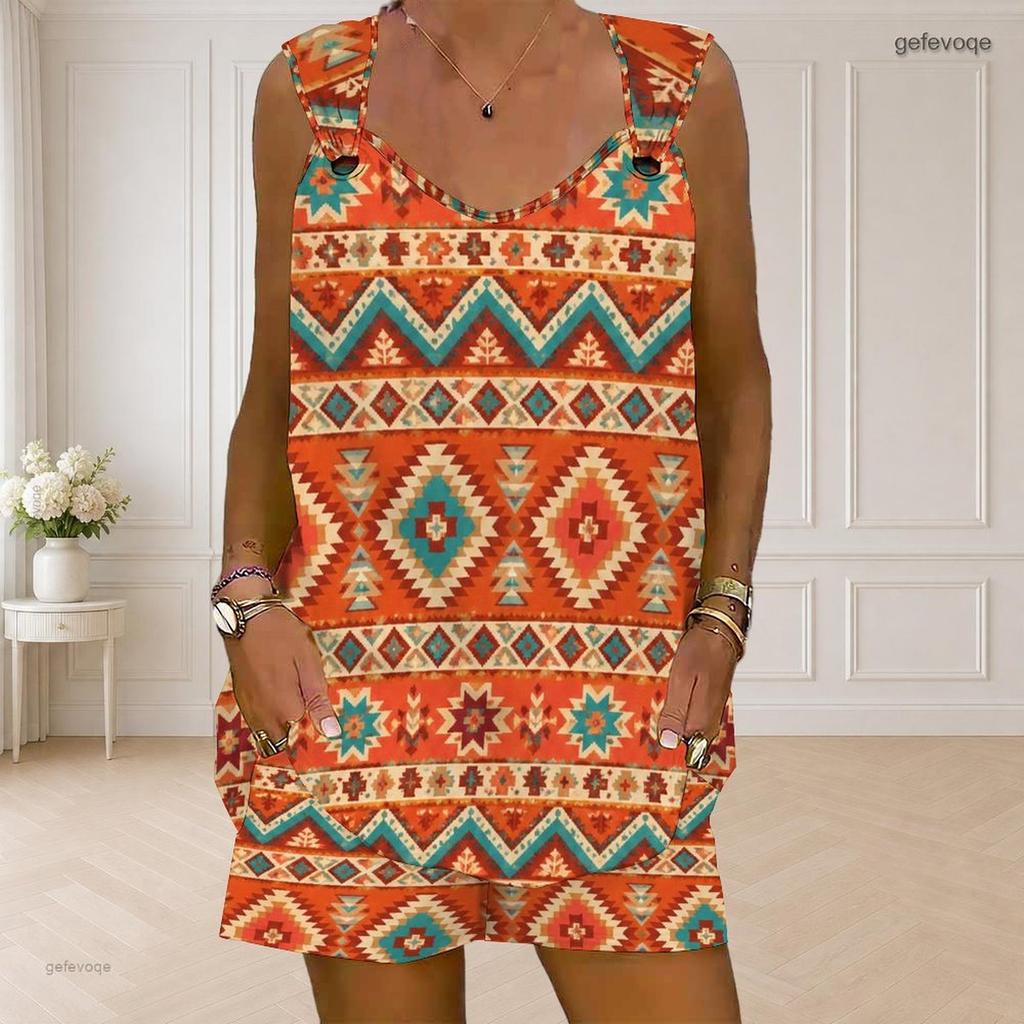 Women Plus Size Ring Strap Sleeveless Geometric Printed Tank Top And Pocket Shorts Two Piece Set