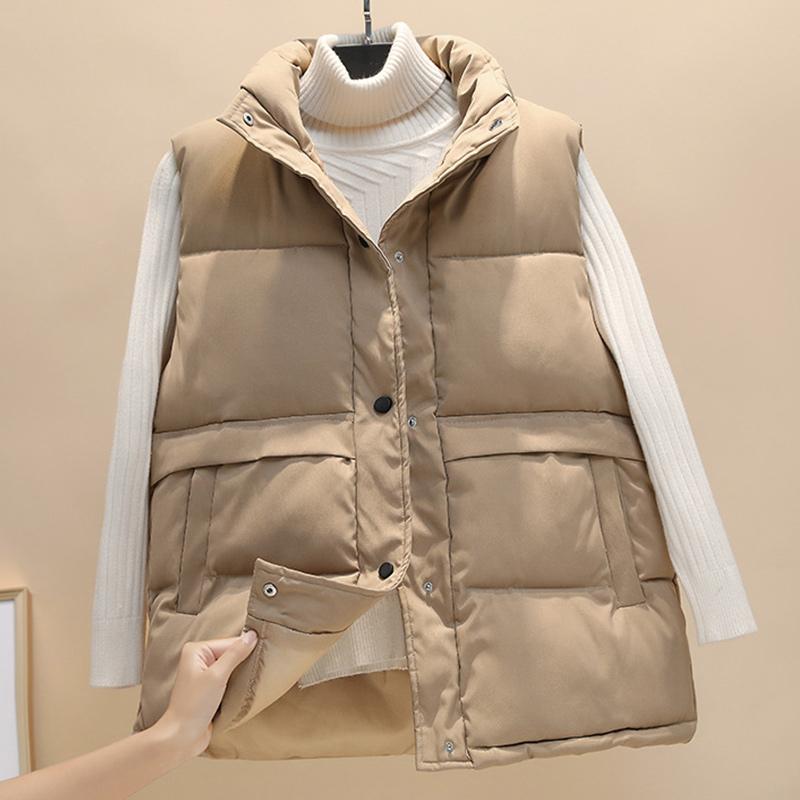 Winter Women Vest Coat Solid Sleeveless Down Cotton Button Pockets Female Coats Padded Winter Casual Outerwear