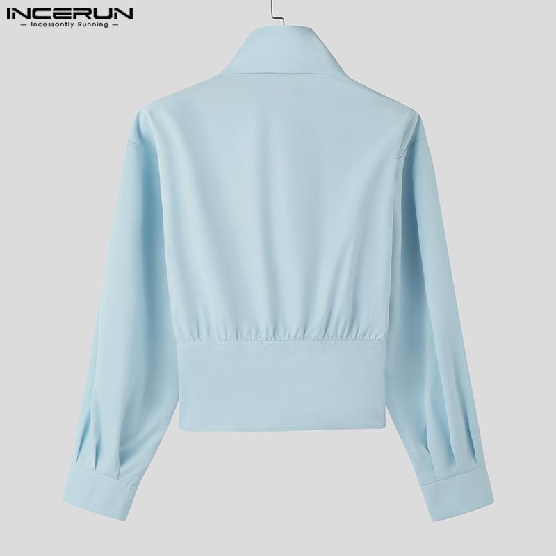 INCERUN Men Swing Collar Long Sleeve Slim Shirts Casual Solid Short Tops