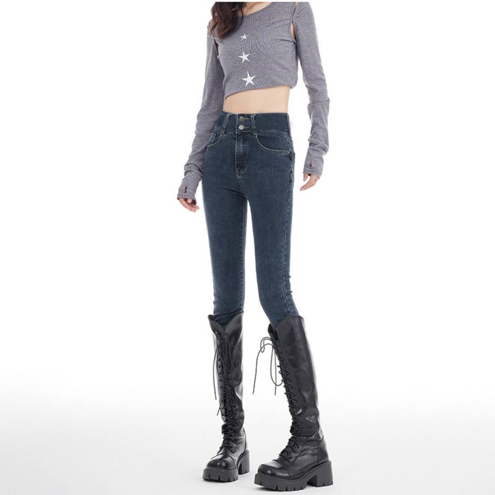 Korean version of autumn and winter 2025 new high-waisted double-button tight pencil pants women's thin and versatile denim pants