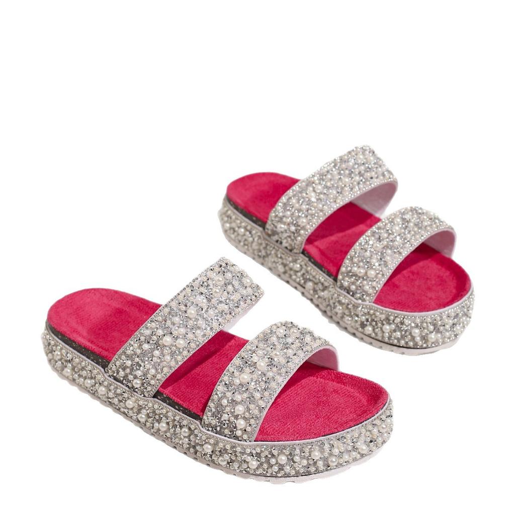Fashion String Bead Slippers Women Summer Slides Female Shoes Platform Fashion Low 2025 Beach Luxury PVC Rome Fabric PU Hoof Heels Scand
