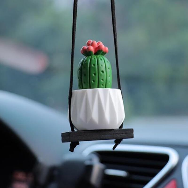Cactus Fleshy Car Rear View Mirror Decorative Cactus Car Ornament Accessories Cute Potted Plant Succulent Hanging Pendant,E H
