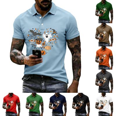 Men's Casual Short Sleeve Polo Shirt Halloween Themed Graphic Print Button Down Collar Lightweight Summer Top
