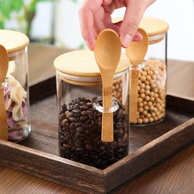 Glass Sealed Jar Transparent Glass Canister with Spoon Wooden Lid Food Storage Jar for Coffee Beans Spice Kitchen Supplies