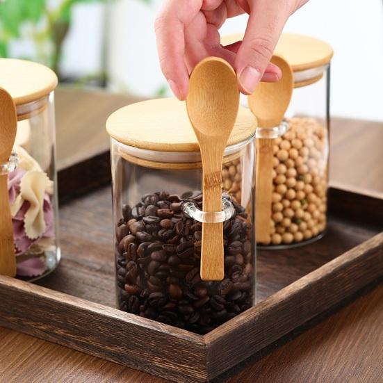 Glass Sealed Jar Transparent Glass Canister with Spoon Wooden Lid Food Storage Jar for Coffee Beans Spice Kitchen Supplies