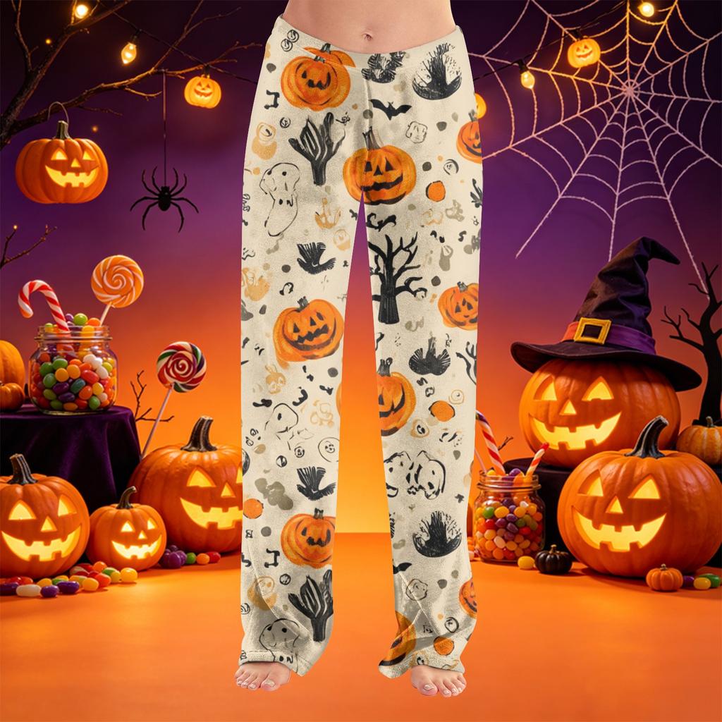 Women Halloween Print Plush Lounge Pants Soft Elastic Waistband Relaxed Fit Long Casual Trousers for Indoor Outdoor Wear