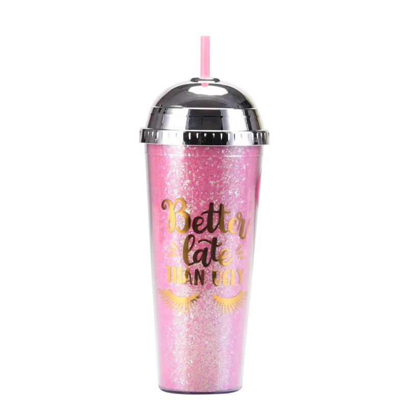 24Oz Straw Cup Leopard Print Magic Semi-Round Cover Water Cup Large Capacity Portable Double Layer Plastic Cup