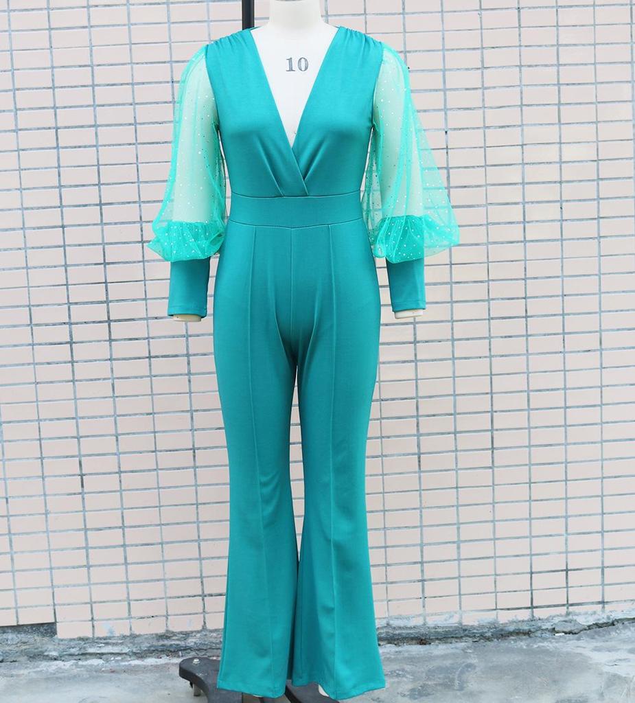 2022 Fall/Winter Women's European & American Style Mesh Spliced Long-Sleeve Slim Wide-Leg Jumpsuit