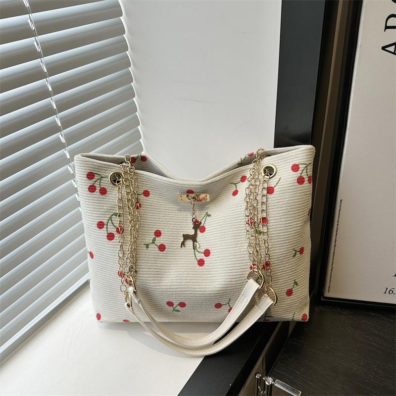 2025 Korean summer new large-capacity women's casual shoulder bag printed cherry small fresh literary tote bag