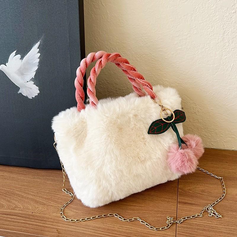 Luxury Faux Fur Bag Women's Plush Woven Handle Handbag Thin Chain Shoulder Bag With Cherry Pendant Magnetic Buckle Crossbody Bag