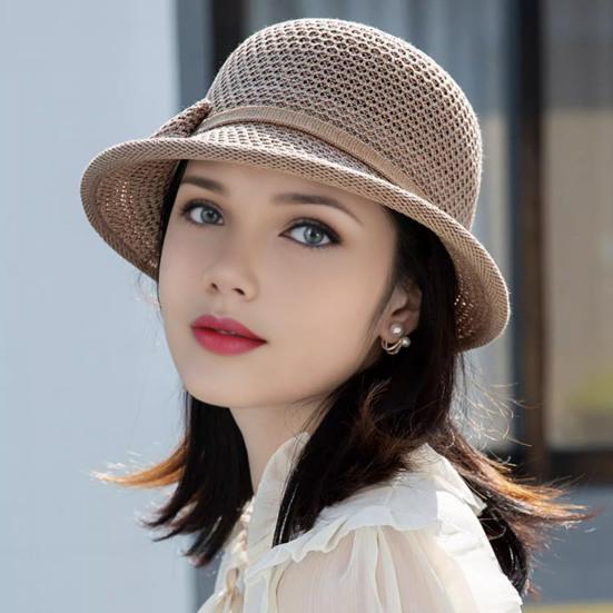 Women Basin Hat Flower Bow Decor Wide Brim Summer Bucket Hat Face-Slimming Outdoor Travel Beach Hat Headwear