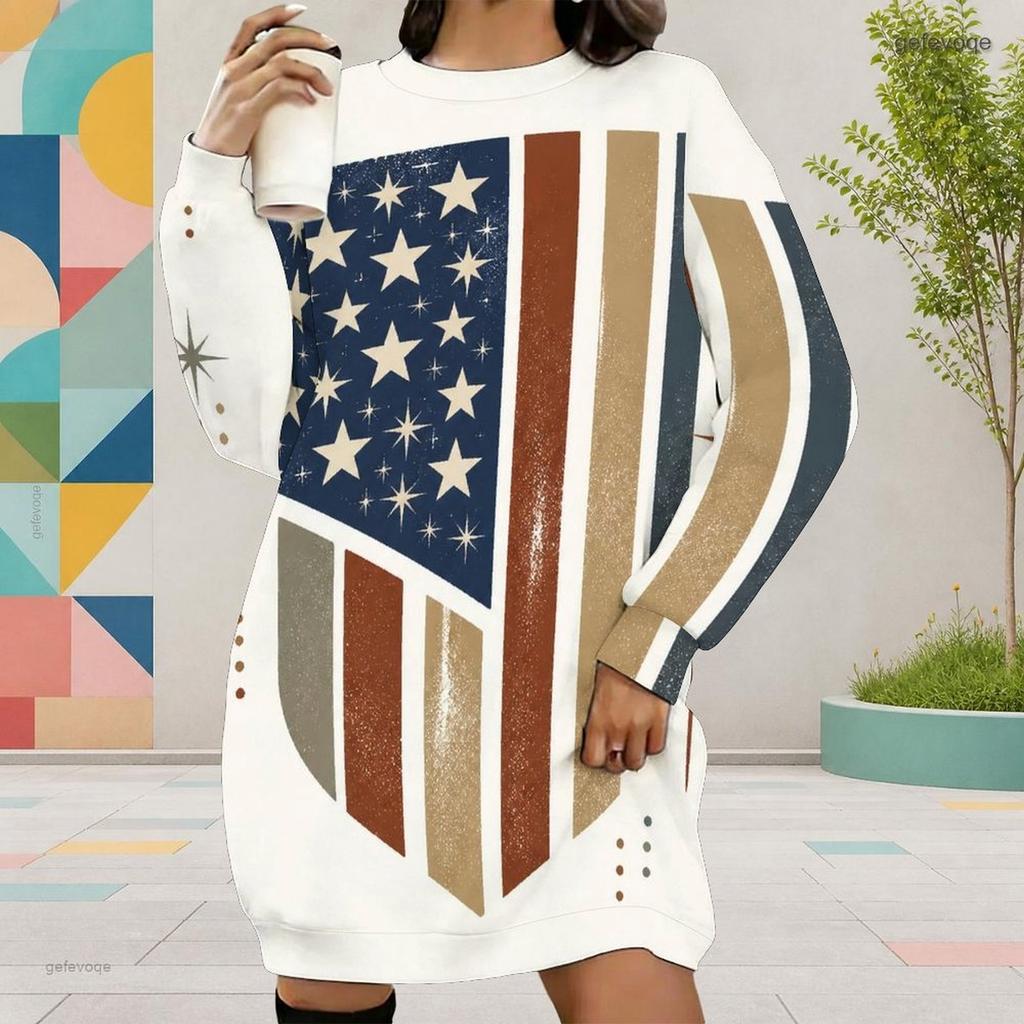 Women Plus Size Round Neck Long Sleeve American Eagle Printed Sweatshirt Mini Dress