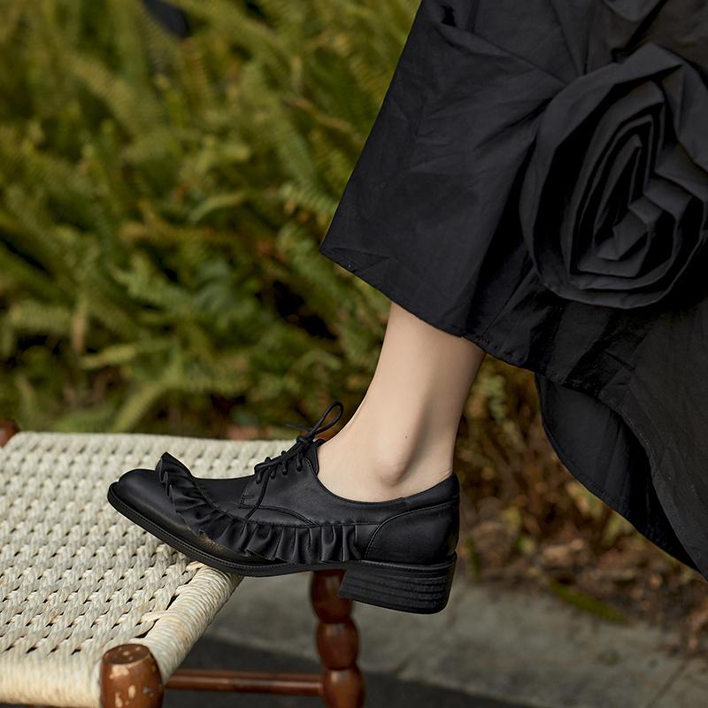 Fashion 2025 Fashion Lace-up Genuine Leather Women Pumps Shoes Woman Mid Heels Loafers Shoes Round Toe Summer Casual Party Ladies 34-40