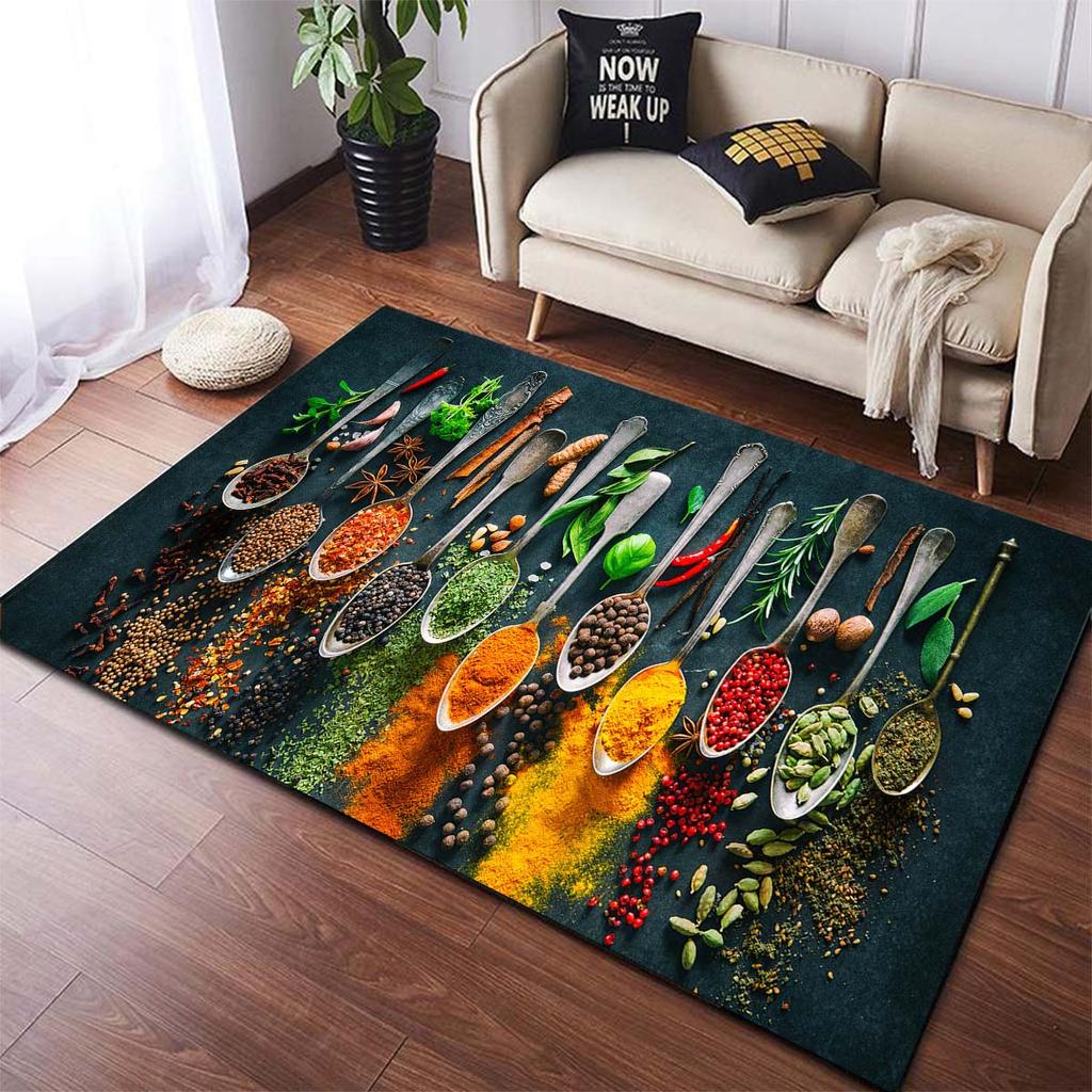 Fußmatte mit schönem Gewürz- und Geschirr-Muster, für Küche, rutschfeste Fußmatten, Badezimmerbereich, Schlafzimmerteppich