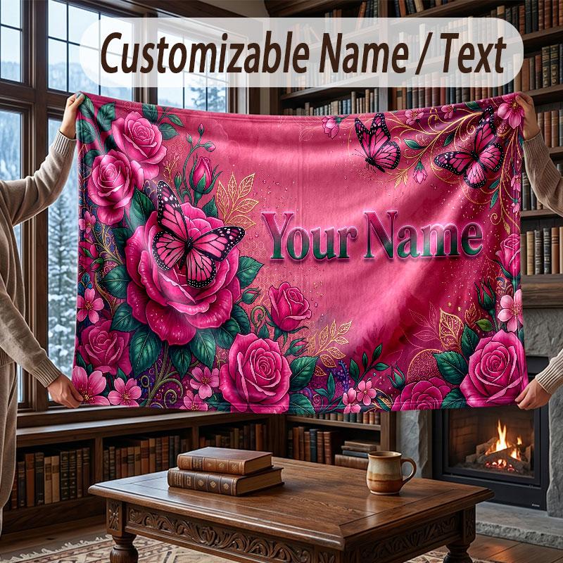 Butterfly Theme Throw Blanket Custom Name Text Personalized Blanket Soft Cozy Blanket for Home Sofa Bed