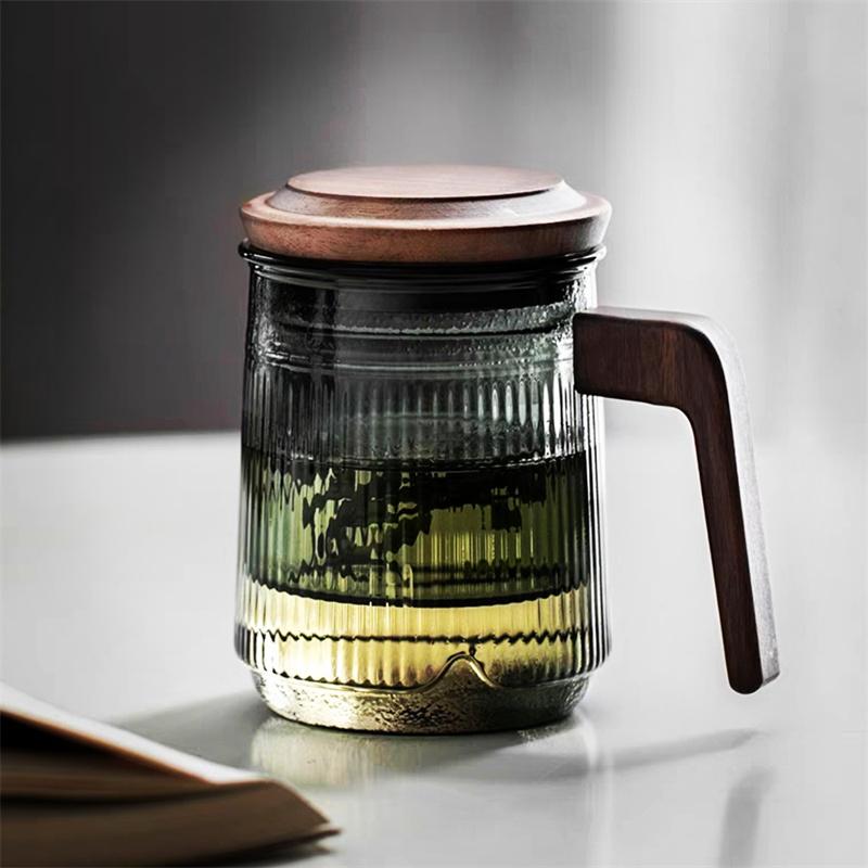 400ML Stripe Heat Resistant Glass Tea Water Separation Tea Cup With Wood Handle Brewing Flower Puer Cups Kung Fu Tea Mug Set