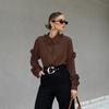 Spring Autumn Fashion Women's Cotton Blouse Long Sleeve Lantern Sleeve Ruffle Accent Loose Fit Chic Top Elegant Everyday Shirt