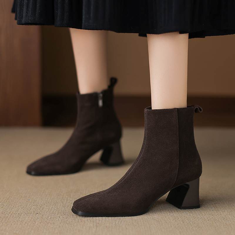 Krazing Pot Cow Suede Nubuck Winter Square Toe Modern Boots Thick High Heels Zipper Women Ankle Boots