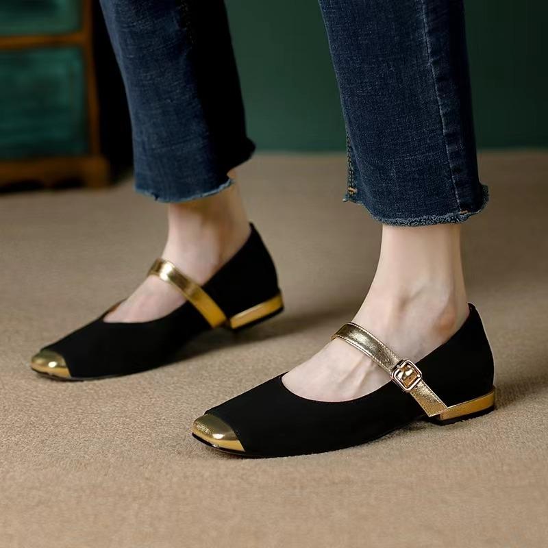 2024 Elegant Spring Woman Square Toe Lolita Kawaii Lady Barefoot Boat Gold Flats Elegant Soft Ballerina Party Mary Jane Shoes