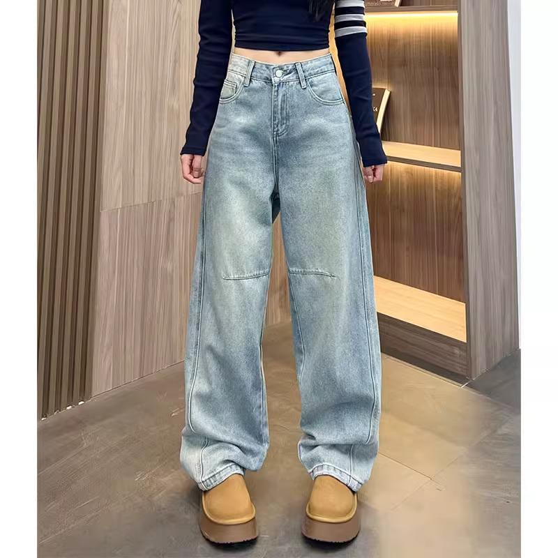

65% Cotton High-Waist Banana Jeans for Women - Patchwork Design, Slimming, Wide-Leg, Straight Cut XL