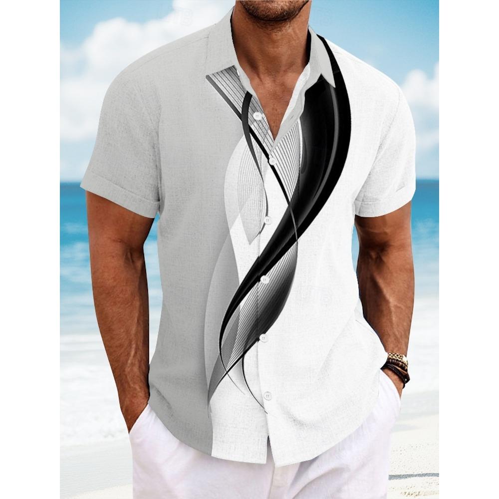 2025 Summer Men's Geometric Line Abstract Art Shirts Short Sleeve Tops Casual Shirts Turndown Casual Shirt Button Up Shirts