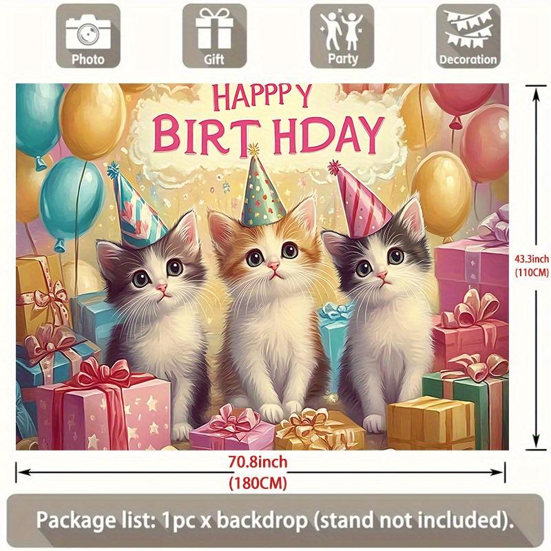 Party Backdrop Kittens Adorable Trio Balloons Festive Celebrations Photo Booth Decor Birthday Party Decor