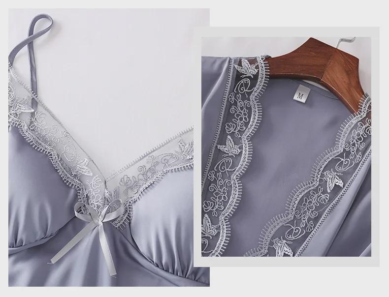 Conjunto de Pijama de Seda e Renda para Mulher - 5 Peças com Camisola de Manga Comprida, Camisola e Shorts para Primavera, Verão e Outono