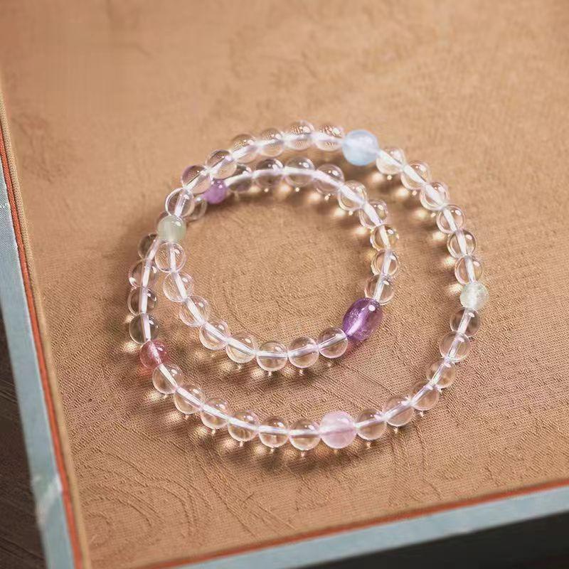

Natural6mm White crystal paired with amethyst and aquamarine beads multi-loop bracelet for women, a refreshing summer birthday gift 6mm