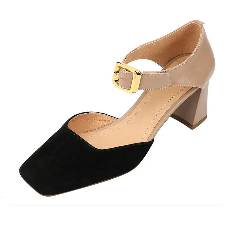 

Fashion Sheep Suede Leather Shoes Women Summer/Spring Women Sandals Square Toe High Heels Cover Heel Shoes for Women Retro Mary Janes 40 абрикосовый