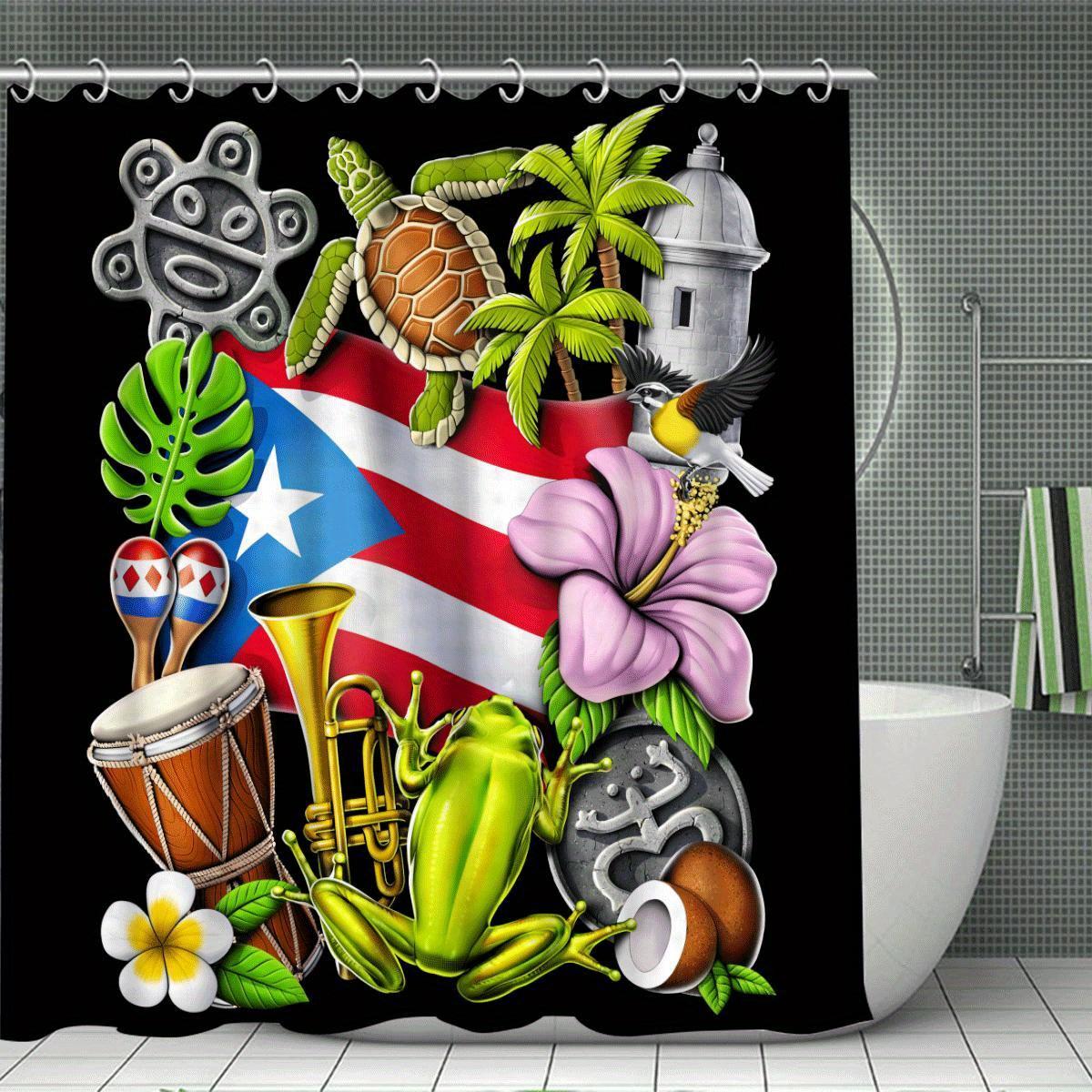 

1Pc Shower Curtain - Puerto Rican Symbols With Flag, Taino Sun, Coqui Frog, And Tropical Flowers Waterproof W60H190(CM)-1 Pcs