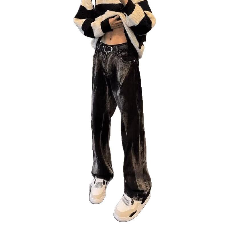 American retro black tie-dye jeans men's spring and autumn high-end cleanfit pants loose straight trousers