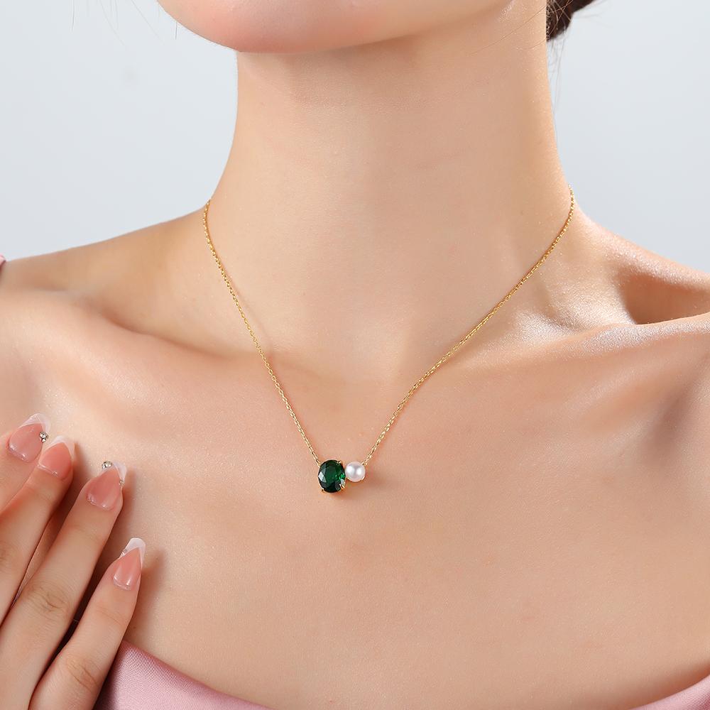 18K Gold Plated Green Zircon Oval Pendant Necklace Ladies Simple Girl Pearl Elegent Temperament Wedding Jewelry For Women