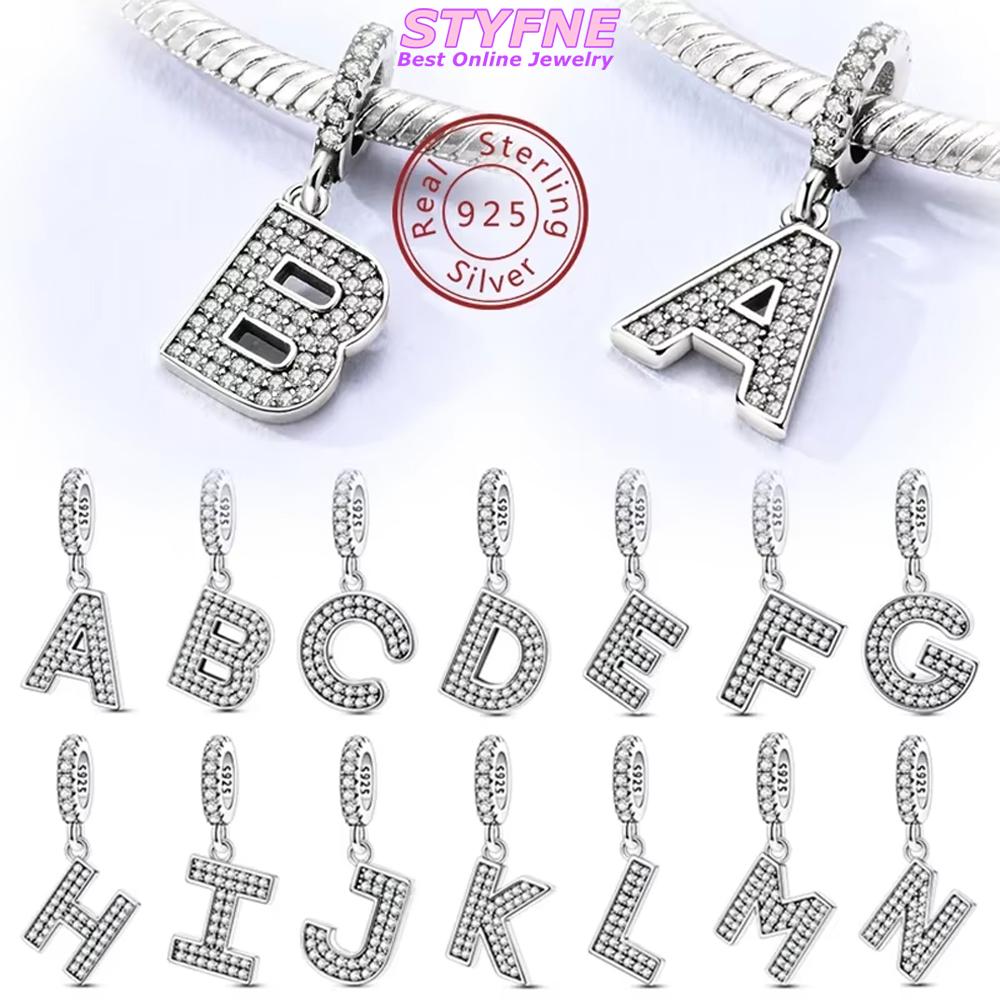 925 Silver Simple A-Z White Zircon 26 Letters Charms Beads Fit Bracelet Women Jewelry DIY Birthday Anniversary Gift